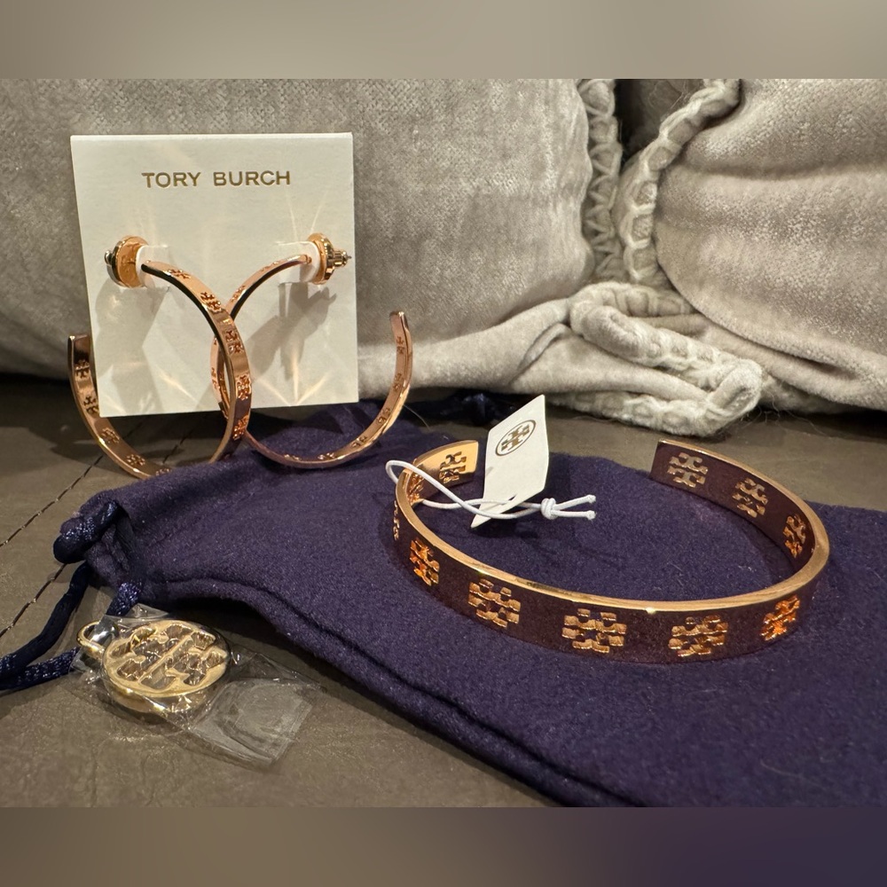 Tory Burch Rose Gold Large Hoop Earrings and Cuff Set